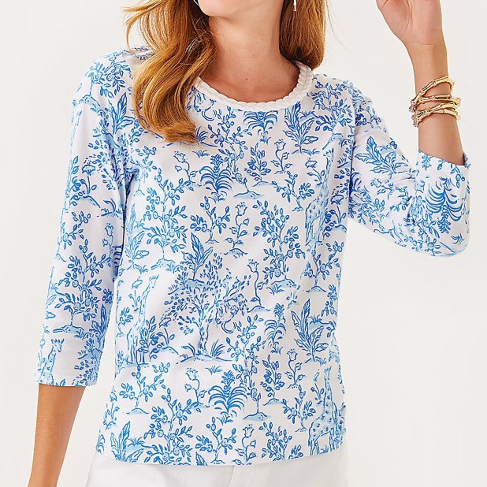Lilly Pulitzer Paulson Knit Top Blue White Tall Tales Giraffe Print Women's XL